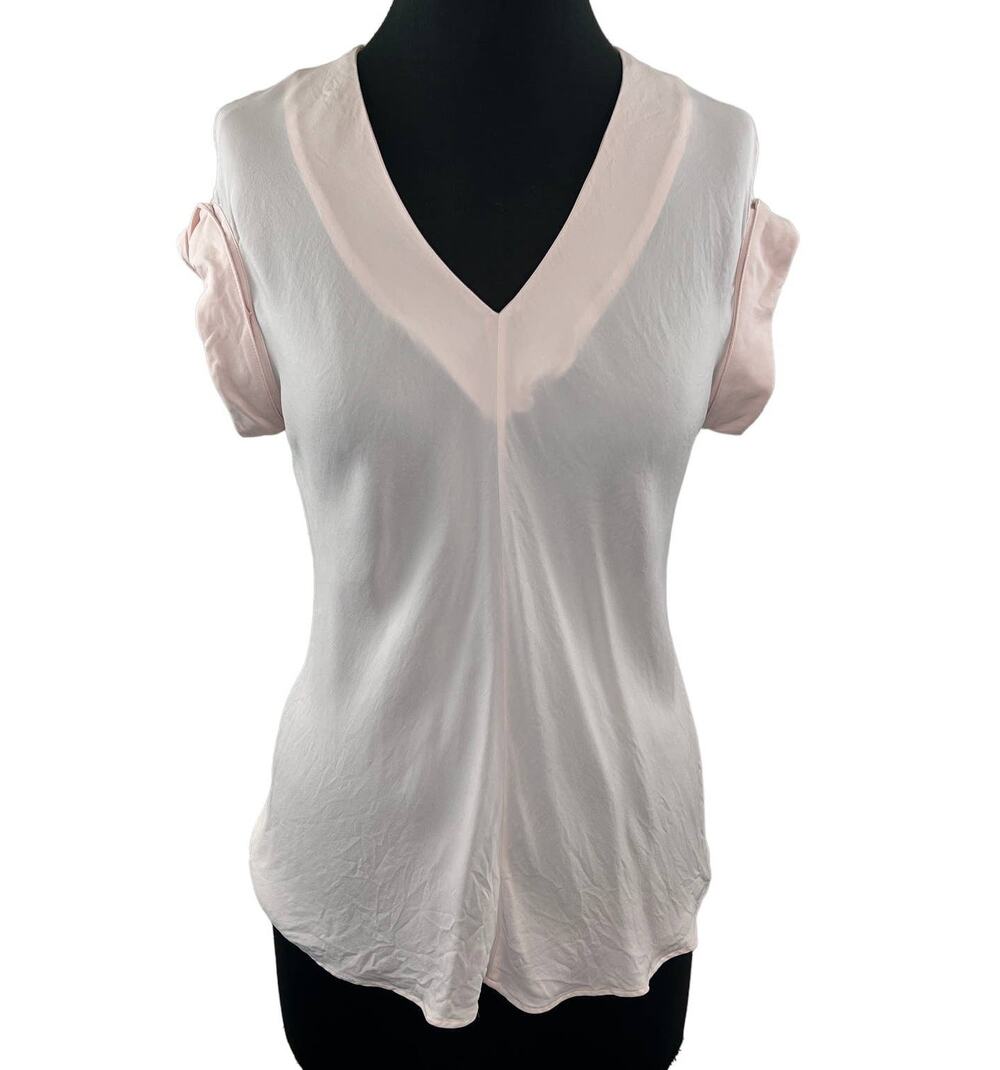 THEORY Light Pink Gyda Silk Blouse V-Neck Cuffed Short Sleeve Work Casual P XS